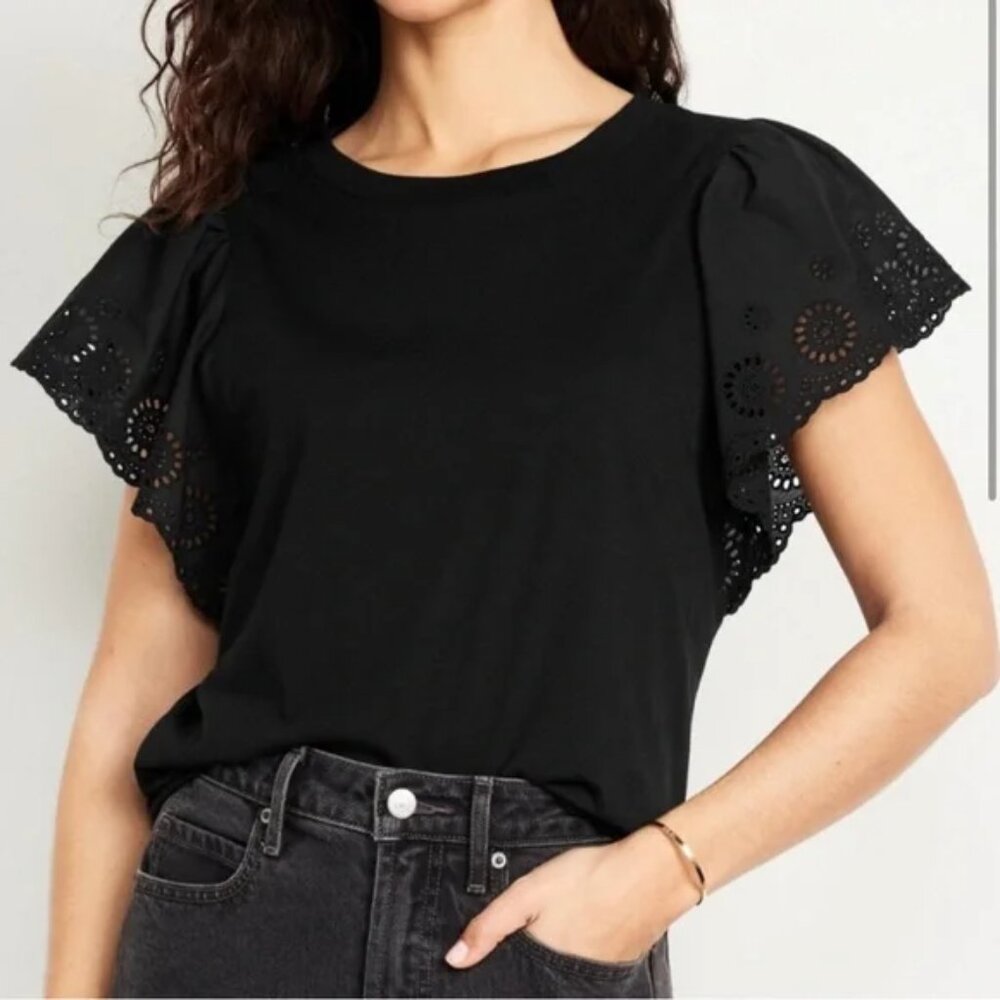 Old Navy Black Cutwork-Sleeve Mixed Fabric Top/NWT/L
